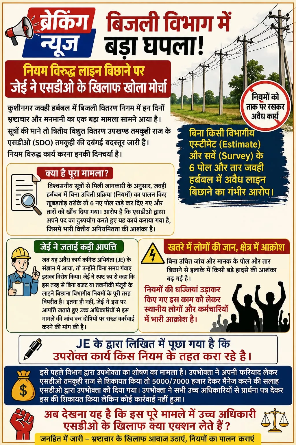 ब्रेकिंग न्यूज़: बिजली विभाग में बड़ा घपला! नियम विरुद्ध लाइन बिछाने पर जेई ने एसडीओ के खिलाफ खोला मोर्चा - अपराध खबर