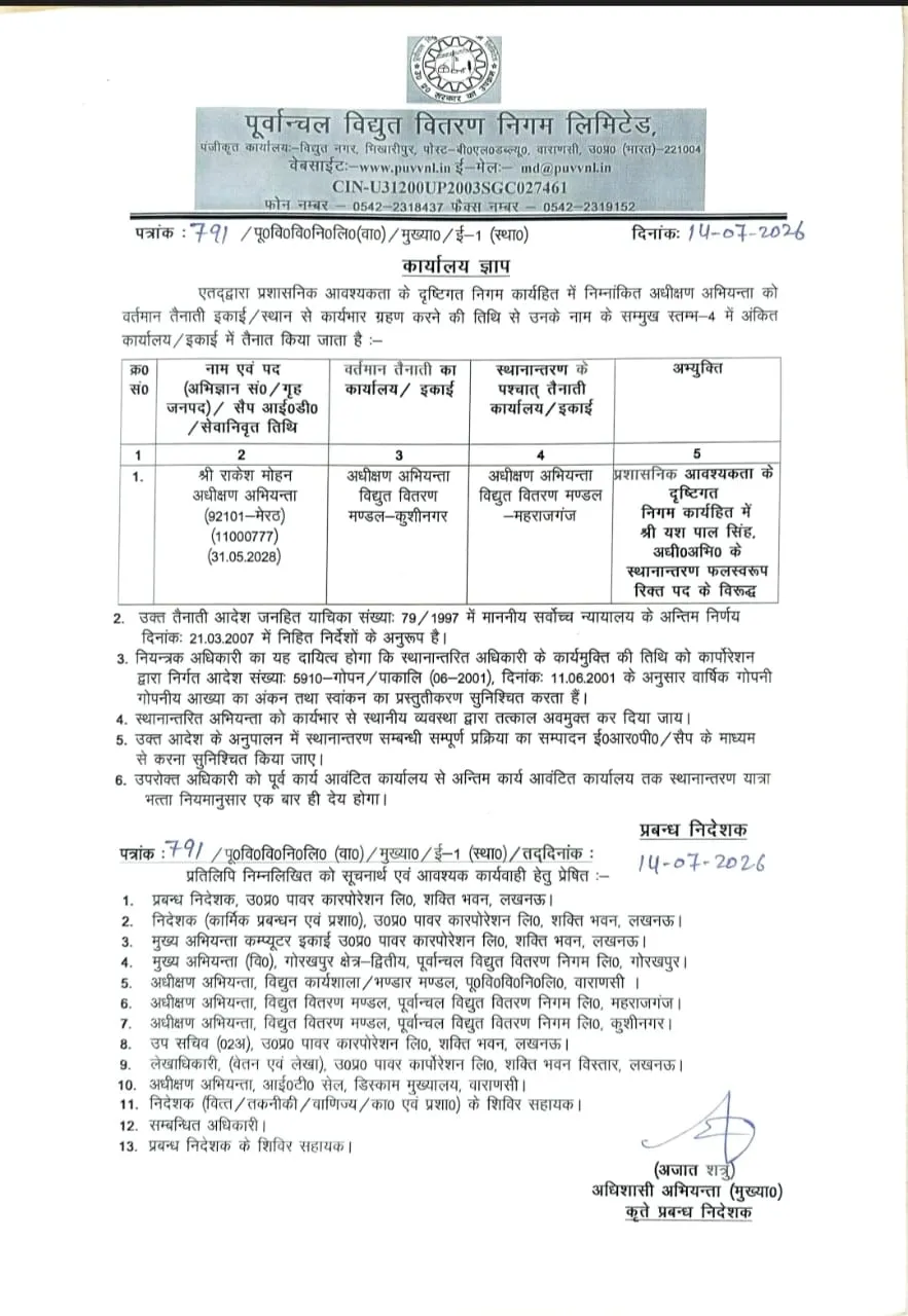 पूर्वांचल विद्युत वितरण निगम में बड़ा प्रशासनिक फेरबदल, कुशीनगर-महराजगंज के अधीक्षण अभियंताओं का तबादला - उत्तर प्रदेश खबर